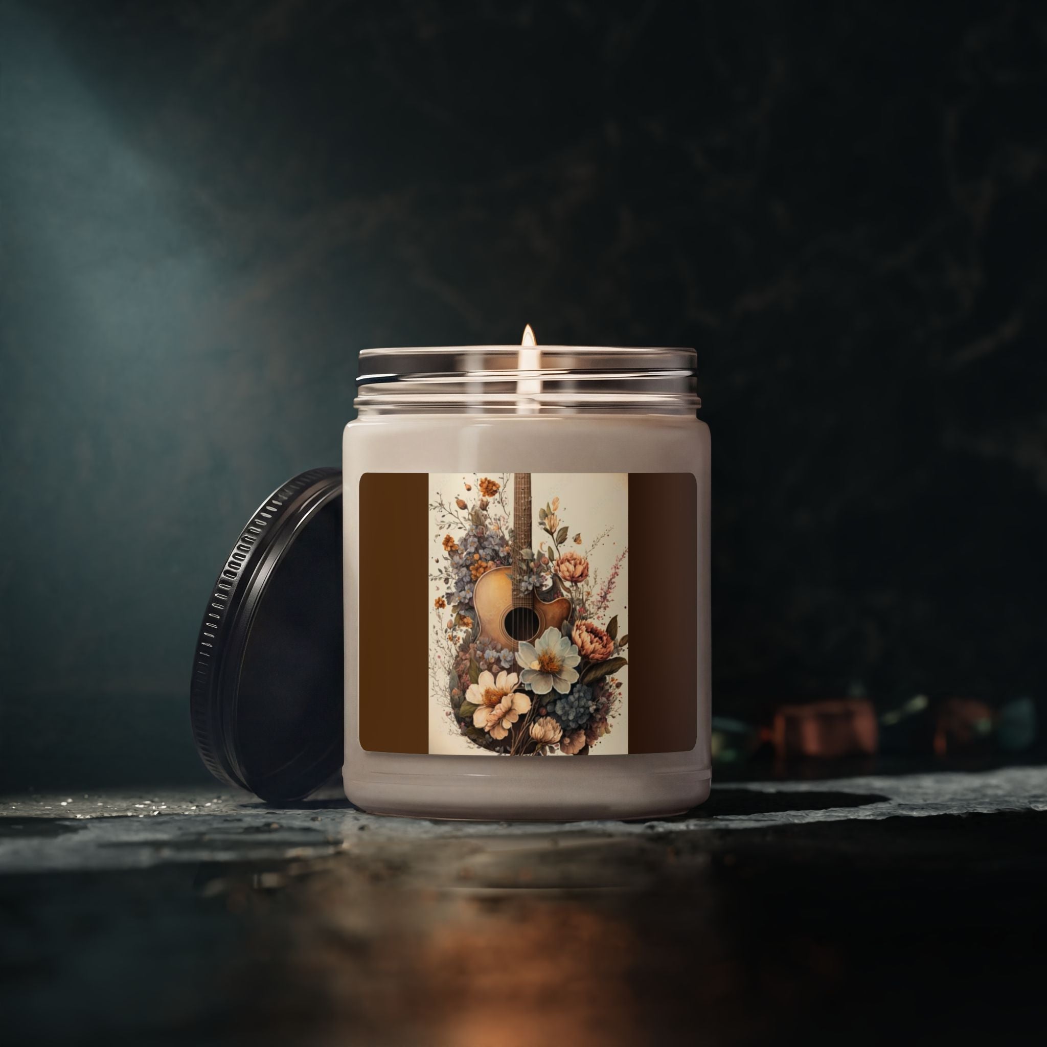 Scented Soy Candle, 9oz, Guitar custom music lover design, floral - Simply Glow Ohio
